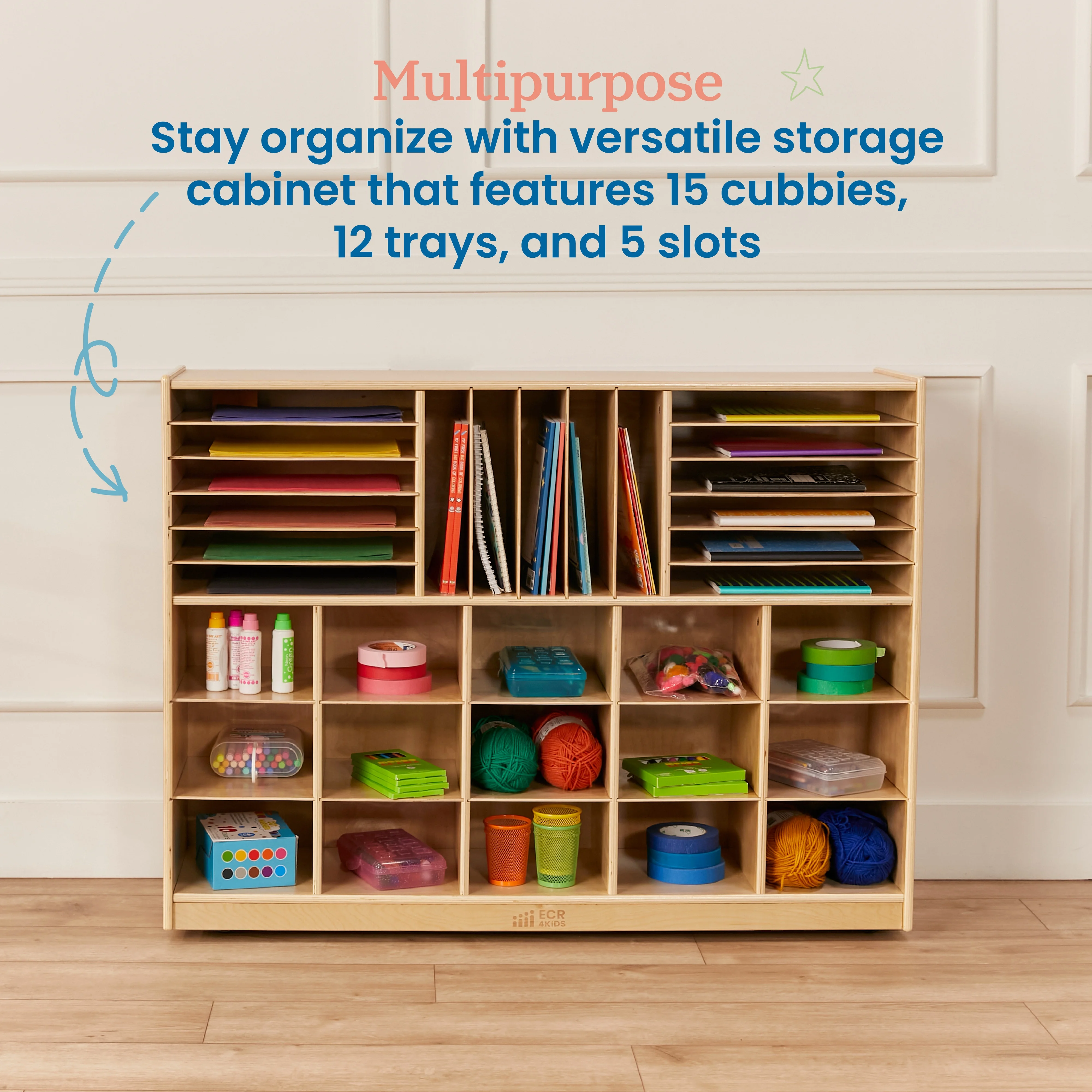 ECR4Kids Multi-Section Mobile Storage Cabinet, Classroom Furniture, Natural