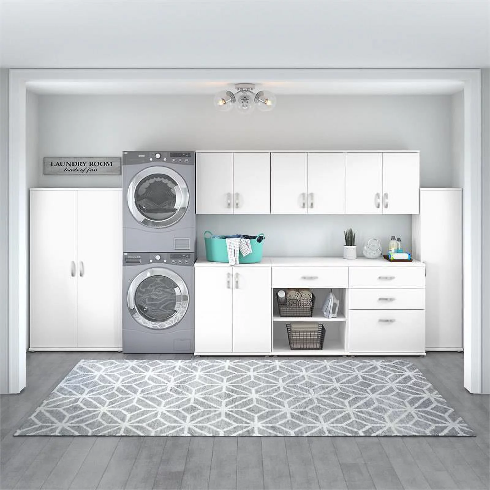 Pemberly Row Laundry Room Cabinet with Drawers in White - Engineered Wood