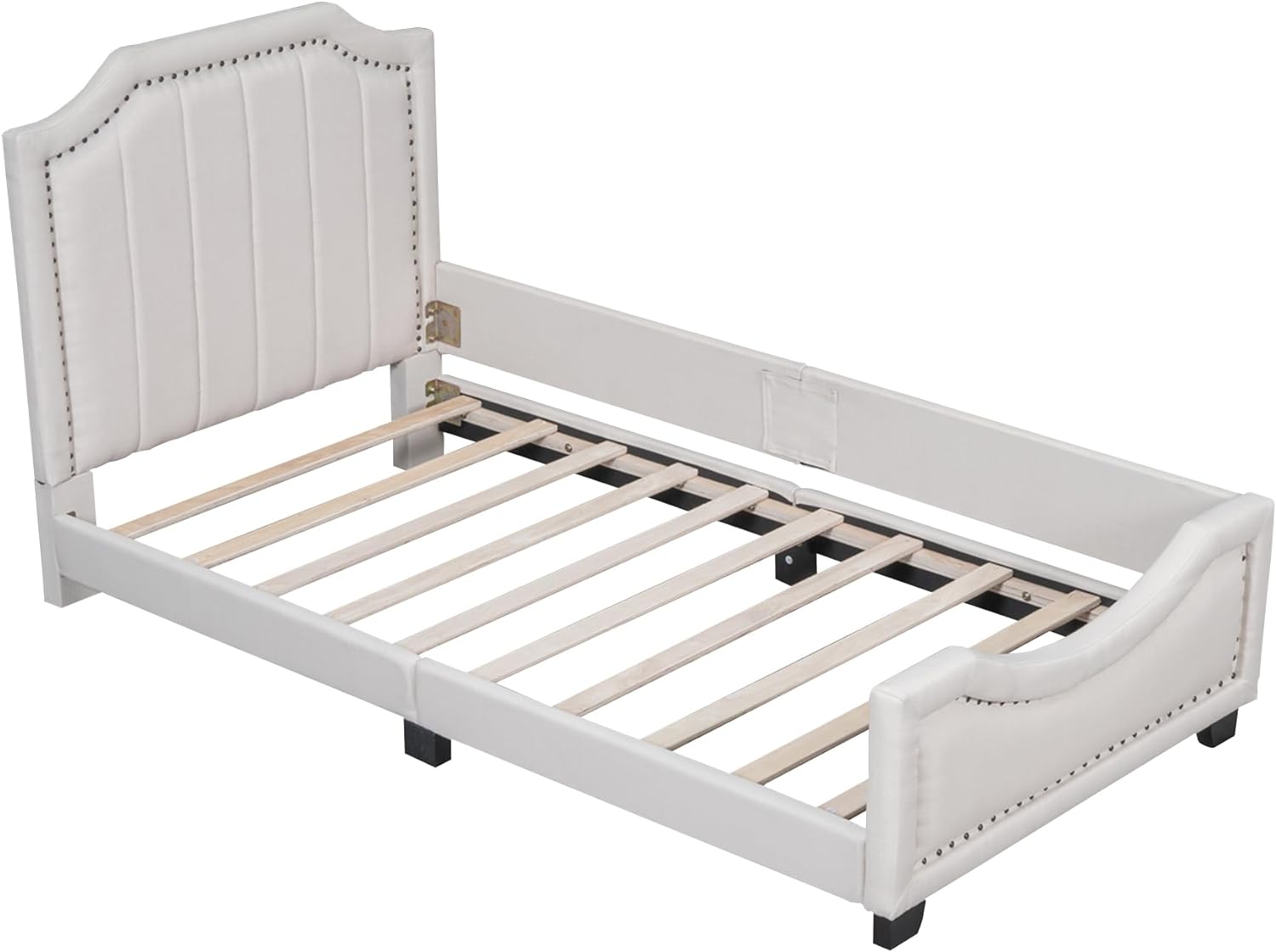 Upholstered Bed With Headboard, Low Platform Bed Frame With Rails For Kids, Lie Fabric Child Bed For Girls Boys Tees, Beige
