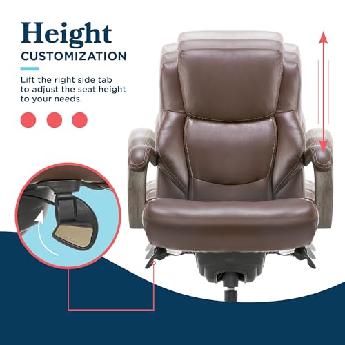 La-Z-Boy Delano Big & Tall Executive Office Chair, Ergonomic Mid-Back Body Pillow Lumbar Support, ComfortCore Memory Foam Cushion, Mahogany Wood Arms & Swivel Base, Bonded Leather, Chestnut Brown