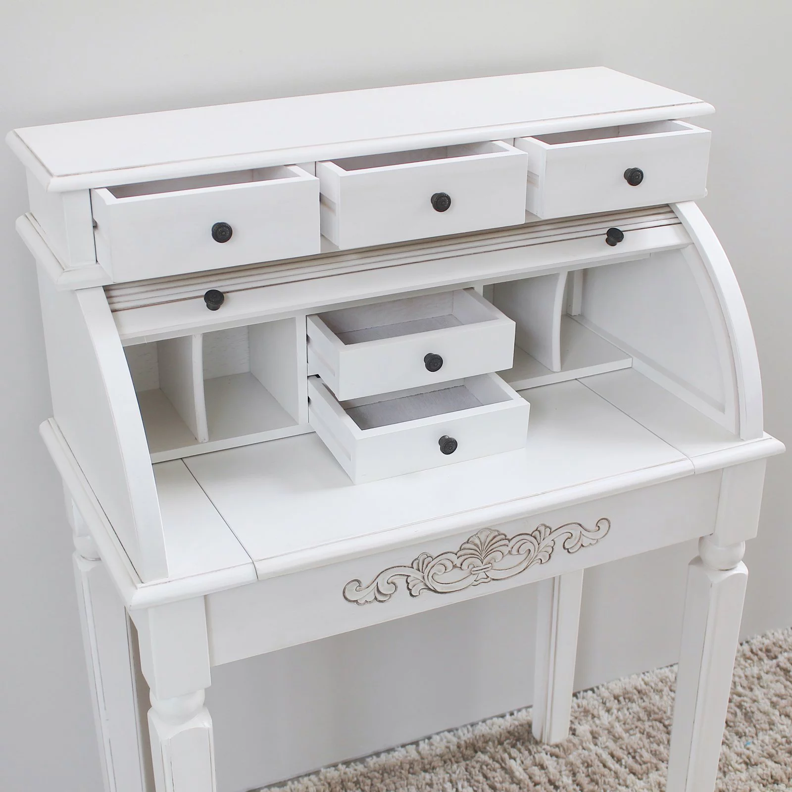 International Caravan Windsor Antique White Hand-Carved 3-Drawer Roll Top Desk