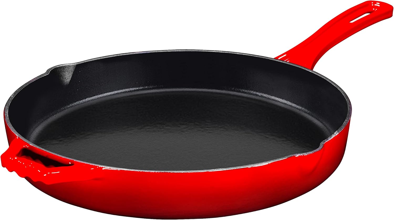 Cast Iron Skillet, Non-Stick, 12 inch Frying Pan Skillet Pan For Stove top, Oven Use & Outdoor Camping with Pour Spouts, Even Heat Distribution (Red Enameled)