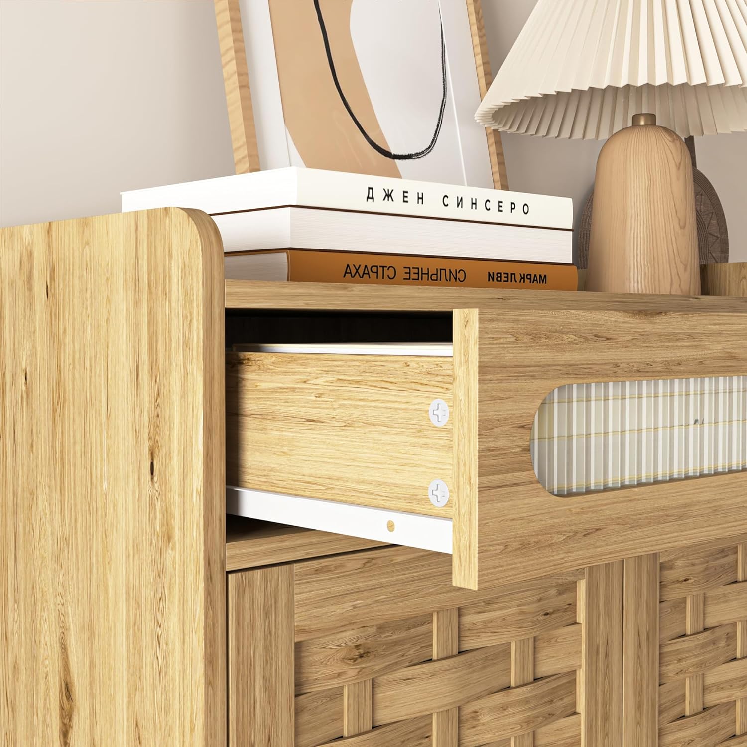 Coffee Bar, Modern Farmhouse Buffet Sideboard with Drawer and Adjustable Shelf, Barn Door Storage Cabinet for Kitchen, Dining Room, Bathroom, Entryway, Wood, Full