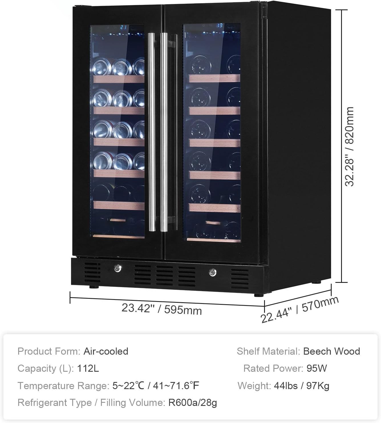 24 inch Wine and Beverage Refrigerator with Dual Zone Tempered Glass Door and Digital Temper Control - Built-in or Freestanding - ETL Certified