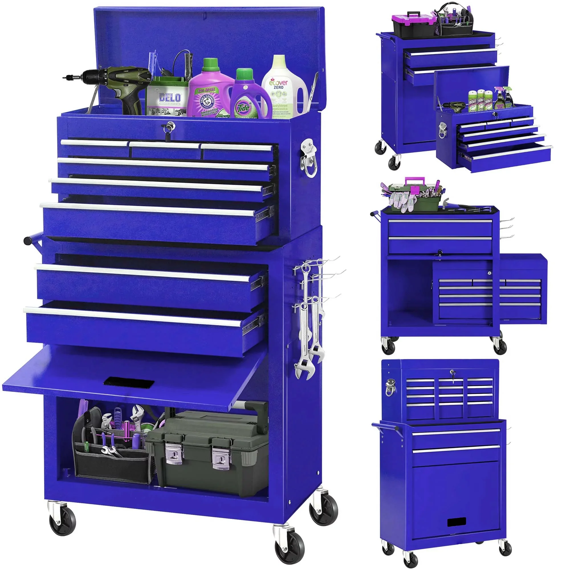 Aukfa Tool Chest, 2 in 1 Steel Rolling Tool Box & Cabinet On Wheels for Garage, 8-Drawer, Blue