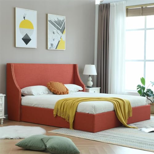 Queen Size Hydraulic Lift Bed, Upholstered Platform Storage Bed, Dual Wing Back Headboard with Gold Line Accents, Hydraulic Support Bars, No Box Spring Required, Easy Assembly (OCHER, King)