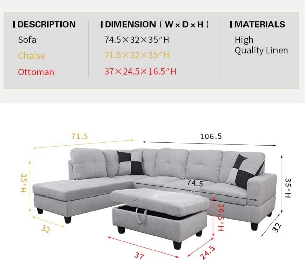 3 PCS L-Shaped Sectional Couch Sofa Set, Linen Fabric Living Room Set with Storage Ottoman and Match Pillows (Left Hand Facing, Grey White)