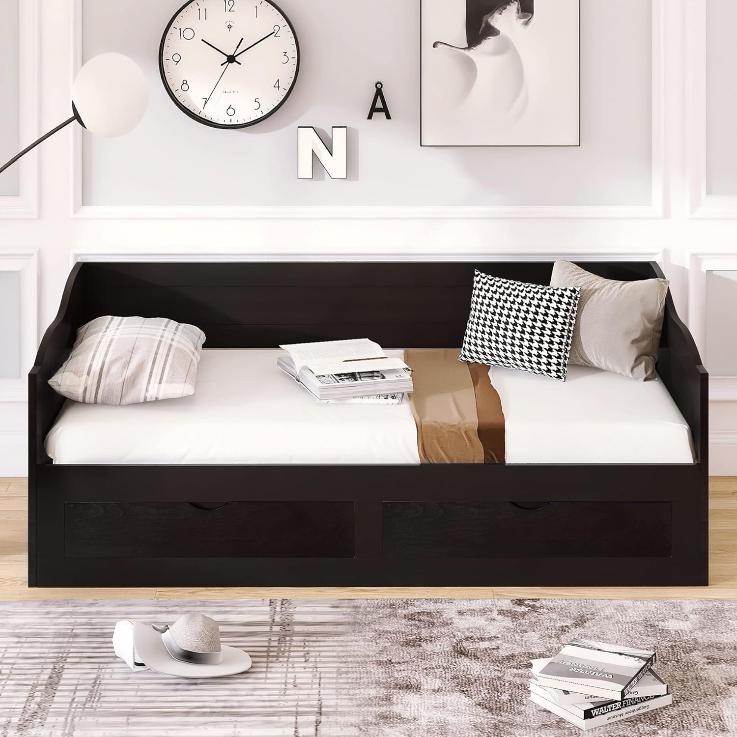 Wood Trundle, Extendable Daybed Twin to King with 2 Storage Drawers, Sofa Bed Frame for Small Space, Bedroom, Living, Guest Room, Espresso