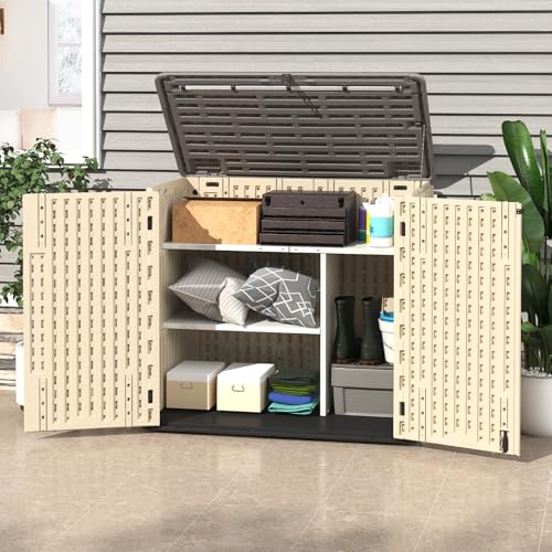 60 Cu.Ft Vertical Outdoor Storage Shed, All-Weather Resin Storage Cabinet Waterproof with Lockable Floor, Tall Backyard Shed for Patio Furniture, Garage, Garden, Pool Accessories, Porch (Khaki)