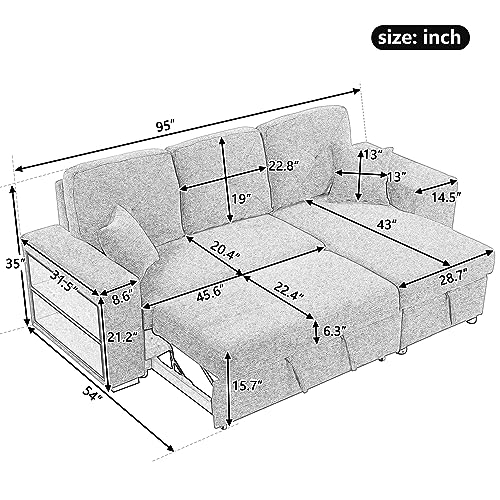 P PURLOVE Sectional Sofa with Pull-Out Sleeper Sofa Bed, Reversible Sectional Sofa with Storage Chaise and 2 Stools, L Shaped Couch Set for Living Room Apartment, Knox Charcoal