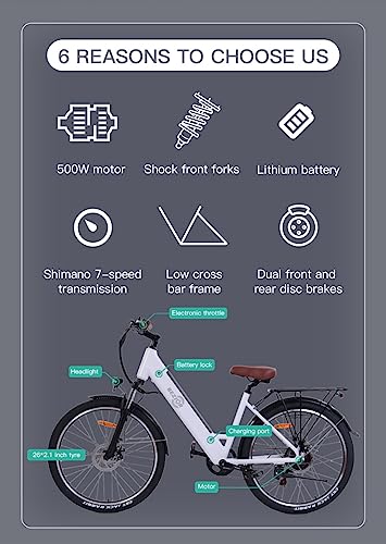 Electric Bike M3 for Adults, 26" x 2.1 Fat Tire Electric Bicycle, 500w Motor 48V 10.4Ah Removable Lithium Battery, 20MPH Electric Mountain Bike, Suspension Fork, 7 Speed Gear