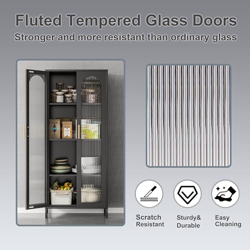 Metal Storage Cabinet, 65” Kitchen Pantry Cabinet with Glass Doors and 3 Adjustable Shelves, Display Curio Cabinet with 2 LED Lights, Black Cabinet for Home Office, Dining Room, Living Room