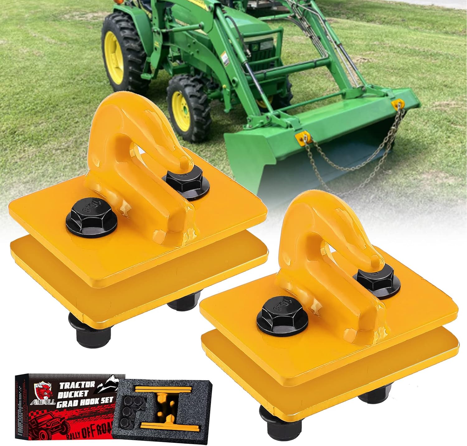 AMBULL 2 Pack 3/8" Tractor Bucket Grab Hook Grade 70 Forged Steel Bolt On Grab Hook Tow Hook Mount with Backer Plate,Work Well for Tractor Bucket, RV, UTV,Truck, Max 15,000 lbs, Dark Green Pack of 2