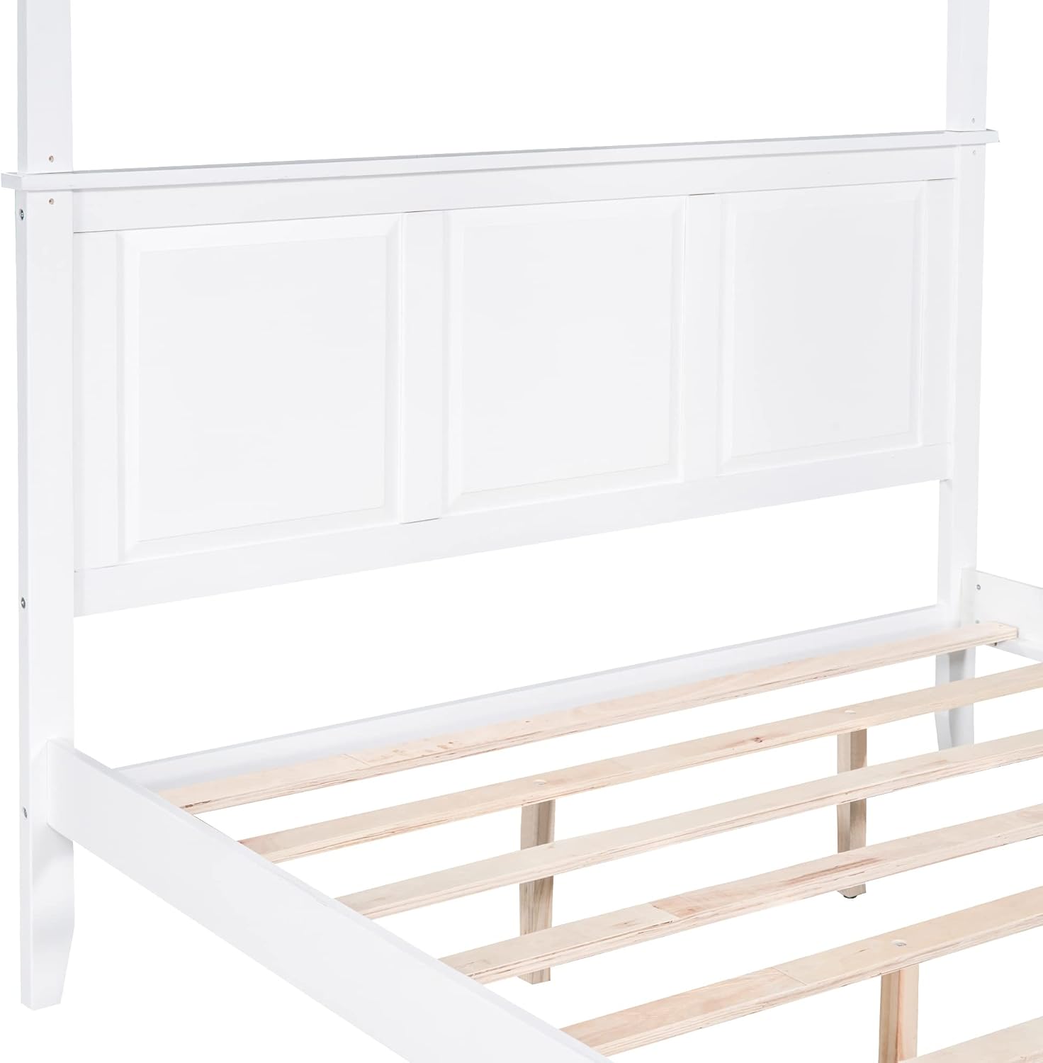 Queen Size Canopy Bed with Headboard and Footboard, Solid Wood Platform Bedframe with Four Columns & Slat Support, No Need Spring Box, Ider for Apartment, Bedroom, Guest Room, White