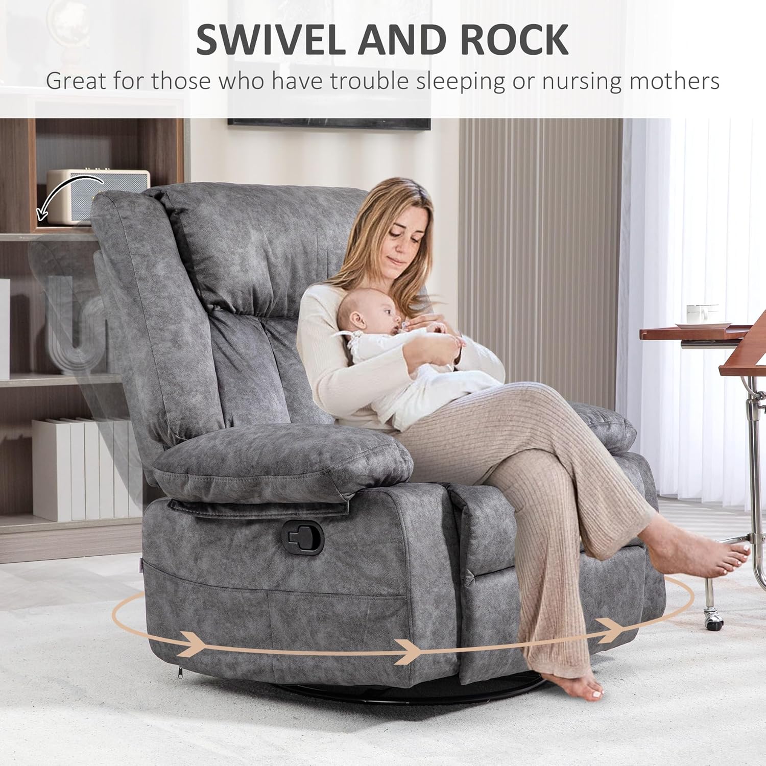 Swivel Rocker Recliner Chairs - Manual Recliner Chair with 360 Degree Swivel and Rocking Function, Gray Recliner Chair with Side Pockets and Metal Base, Heavy Duty Recliner for Living Room