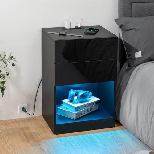 HOMMPA Set of 2 White LED Nightstand with Charging Station Side Table with Open Shelf Night Stand with Led Lights USB Ports Outlets Bedside Table End Table with Drawers Storage for Bedroom