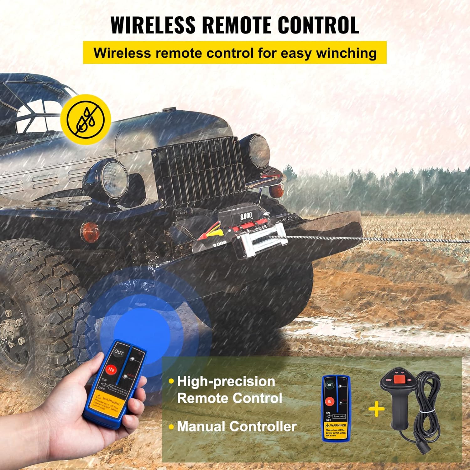 VEVOR Electric Winch 8000lb Load Capacity Truck Winch Compatible with Jeep Truck SUV 94ft/28.6m Cable Steel 12V Power Winch with Wireless Remote Control, Powerful Motor for ATV UTV Off Road Trailer
