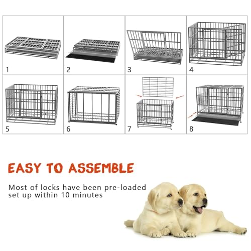 LEMBERI 48/38 inch Heavy Duty Indestructible Dog Crate, Escape Proof Dogs Cage Kennel with Lockable Wheels,High Anxiety Double Door Kennel,Extra Large Crate Indoor for Large Dog with Removable Tray