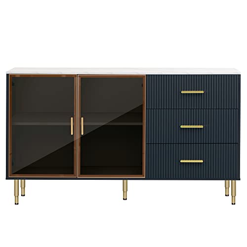 Sideboard Storage Cabinet, Modern 60'' Sideboard Large Storage Buffet Cabinet, Console Table Buffet Cabinet with Gold Metal Legs and Tempered Glass Doors for Living Room Kitchen Entryway (White)