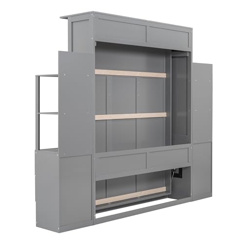 Queen Size Murphy Bed Wall Bed with Shelves,Multifunctional Easy Fold Wood Wall Bed with Drawers and LED Lights for Guest Room Home Office,Space-Saving Murphy Bed Cabinet (Gray-AB91)