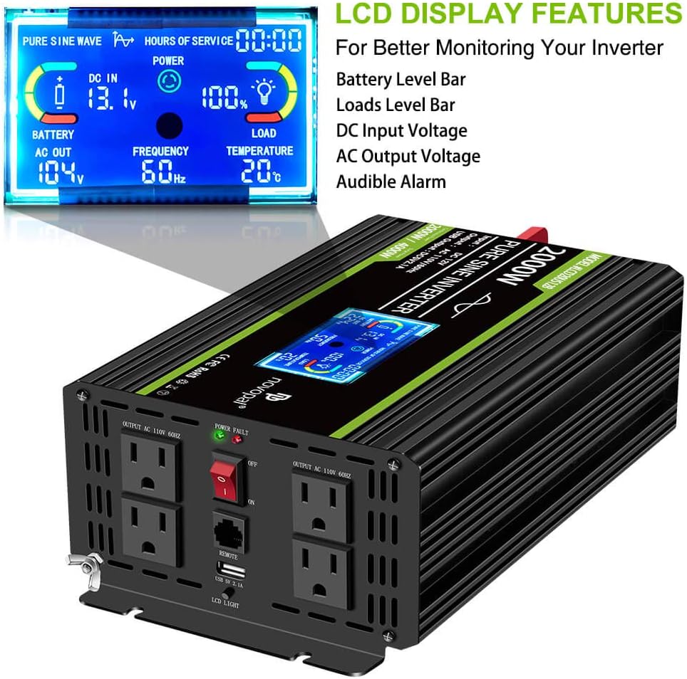 Novopal 2000 Watt Pure Sine Wave Power Inverter 12V DC to 110V/120V AC Converter- 4 AC Outlets Car Inverter with 1 USB Port-Remote Control and LCD Display Dual Cooling Fans Inverter for CPAP RV