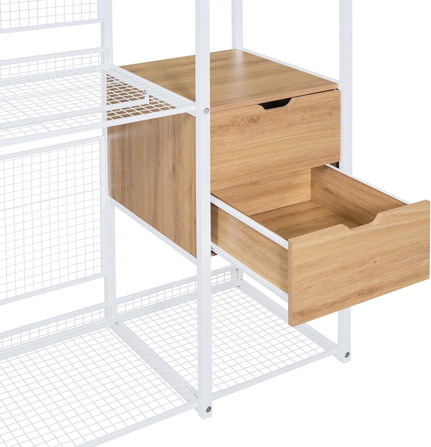 Open-Style Wardrobe with Hanging Rails, Shelves and 2 Drawers, Wardrobe Freestanding Closet Organizer, Industrial Wardrobe Clothes Rack, Metal Storage Wardrobe for Bedroom, Space-Saving