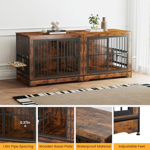 86 Inch Double Dog Crate Furniture with Divider, 4 Combination Forms Large Dog Kennel Furniture for 2 Dogs, Rustic Brown Corner Dog Kennel for Small Medium Large Dogs