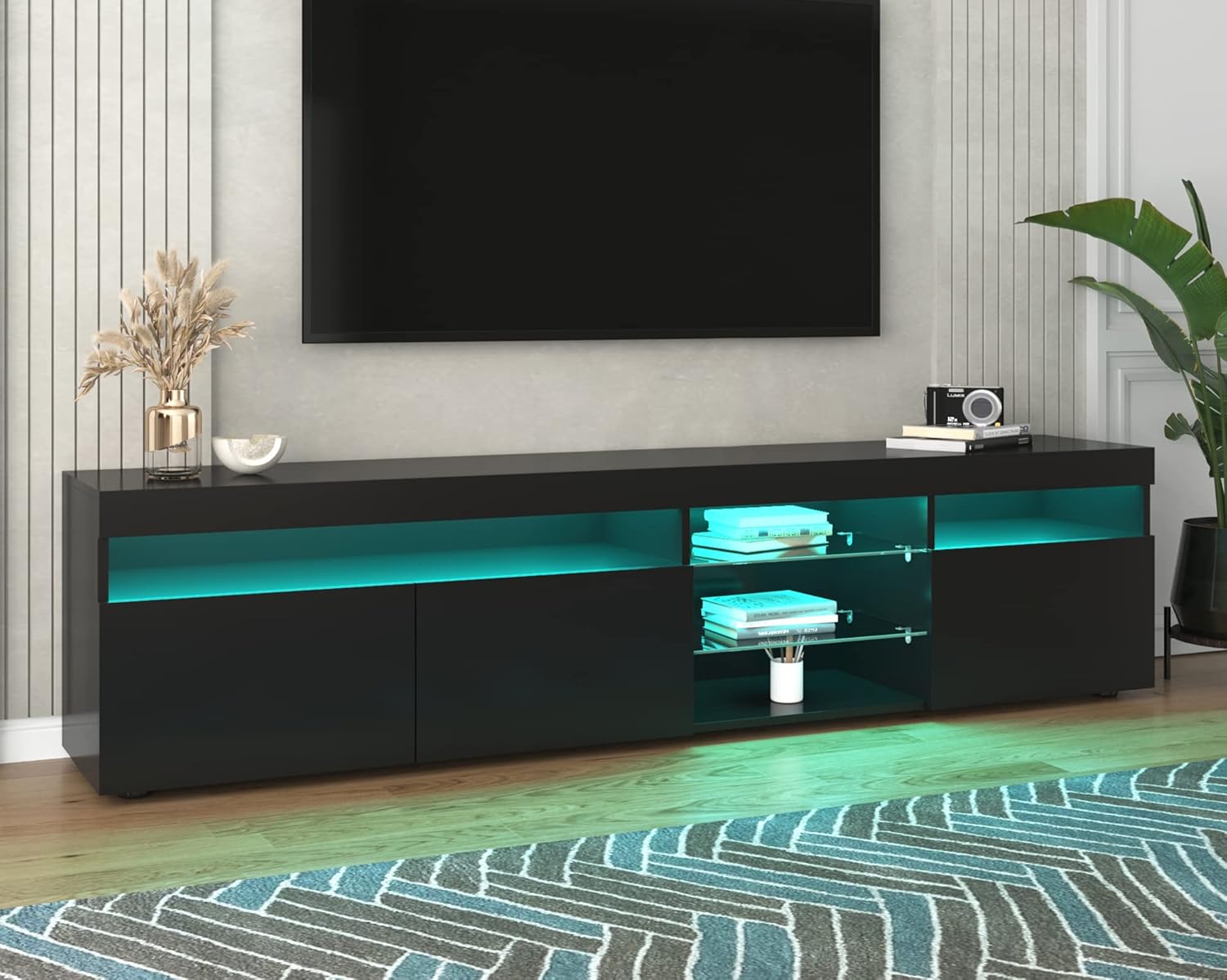 Modern Design TV Stands for TVs up to 80'', LED Light Entertainment Center, Media Console with Multi-Functional Storage, TV cabinet for Living room,Bedroom, Home Theatre (Black)