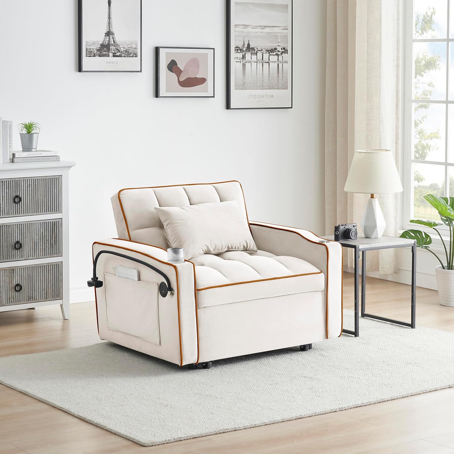 35" Twin Size Pull Out Sofa Bed Chair -3 in 1 Convertible Sleeper Chair Bed, Velvet Reading Armchair, Futon Recliner, Foldable Chaise Lounge Sofa with Pullout Bed, Small Couch for Living Room