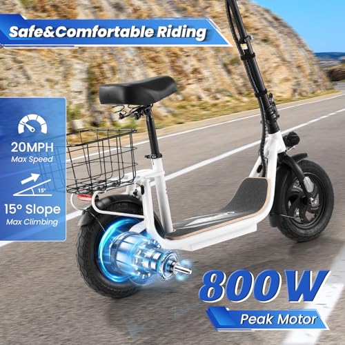 Caroma Peak 800W/1200W Electric Scooter Adults, 30 Miles Max Range, Foldable Electric Scooter with Seat, Front Suspension, Detachable Large Basket,Commuter E-Scooter for Adult and Teens