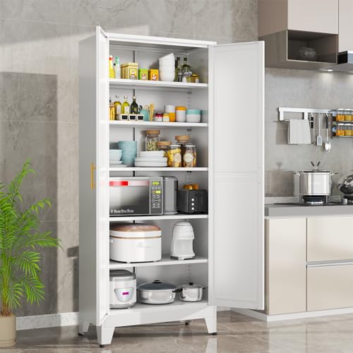 75.2”H Pantry Storage Cabinet, Kitchen Storage Cabinets with Adjustable Feet and Shelves, Metal Pantry Cabinet for Kitchen, Living Room, Laundry Room and Dinning Room