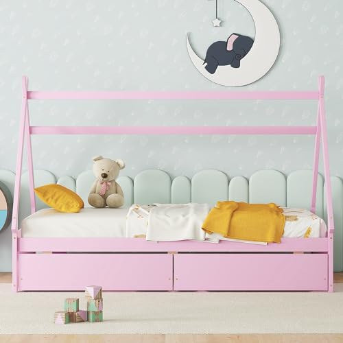 Twin Size House Platform Bed with Two Drawers Headboard and Footboard Wood Daybed Frame Bedroom Furniture for Girls BoysKids, No Box Spring Needed,Pink