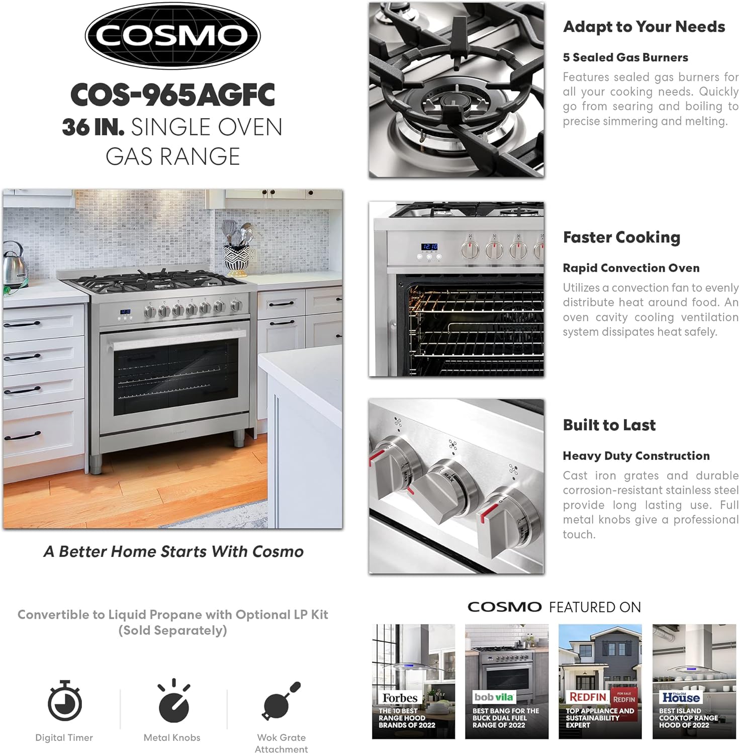 Cosmo COS-965AGFC 36 in. 3.8 cu. ft. Gas Range with Oven and 5 Burner Cooktop with Heavy Duty Cast Iron Grates and 4 Feet in Stainless Steel
