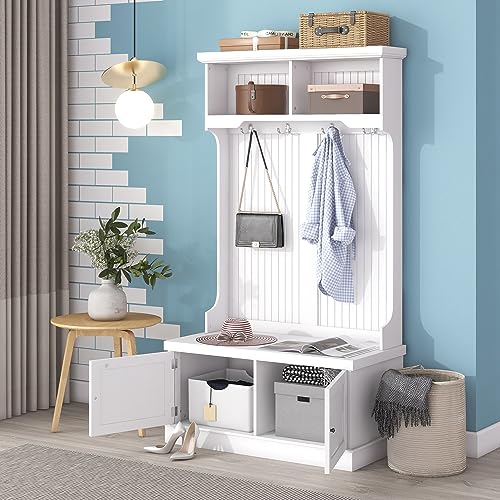 Modern Classic Hall Tree 4-in-1 Design Coat Racks Multi-Functional Entryway Coat Rack with Storage Shoe Bench Tall Hall Tree with 4 Hooks for Entryway,Hallway,Living Room (White)