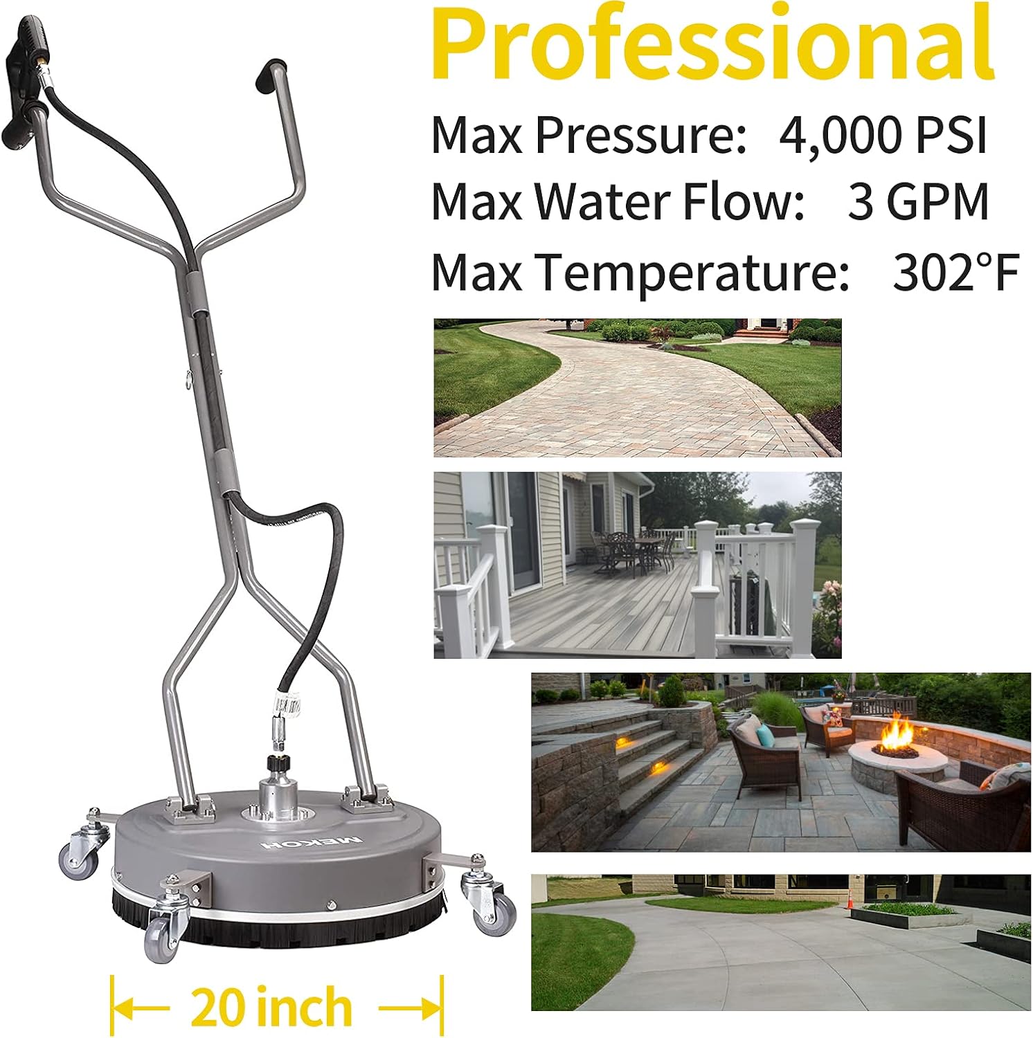 MEKOH Pressure Washer Surface Cleaner 20-Inch, Power Washer Accessories 4000 PSI, Driveway Pressure Washer Attachment with 3/8 Inch Quick Connect, 3 GPM for Sidewalks
