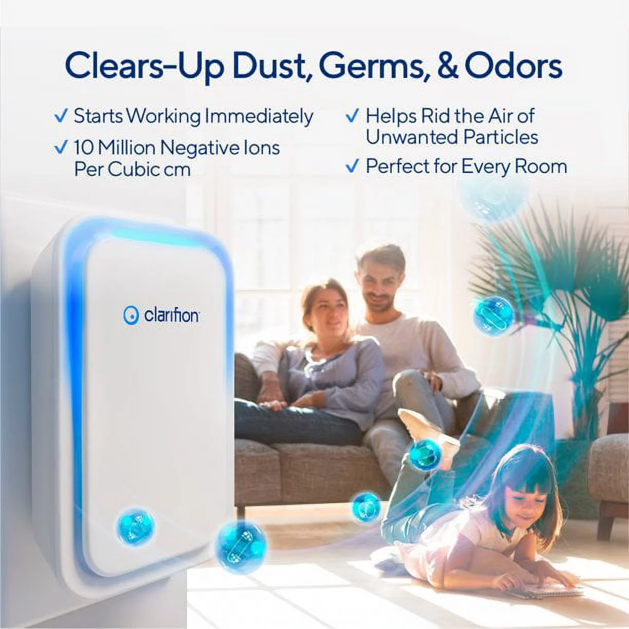 Clarifion - Negative Ion Generator with Highest Output (6 Units) Filterless Mobile Ionizer, Plug in, Eliminates: Smoke, Viruses, Allergens & More