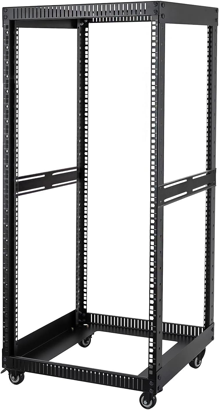 RIVECO 9U Open Frame Server Rack with Casters- Heavy Duty 4 Post Quick Assembly 19-inch, Stereo Rack Network Cabinet Black
