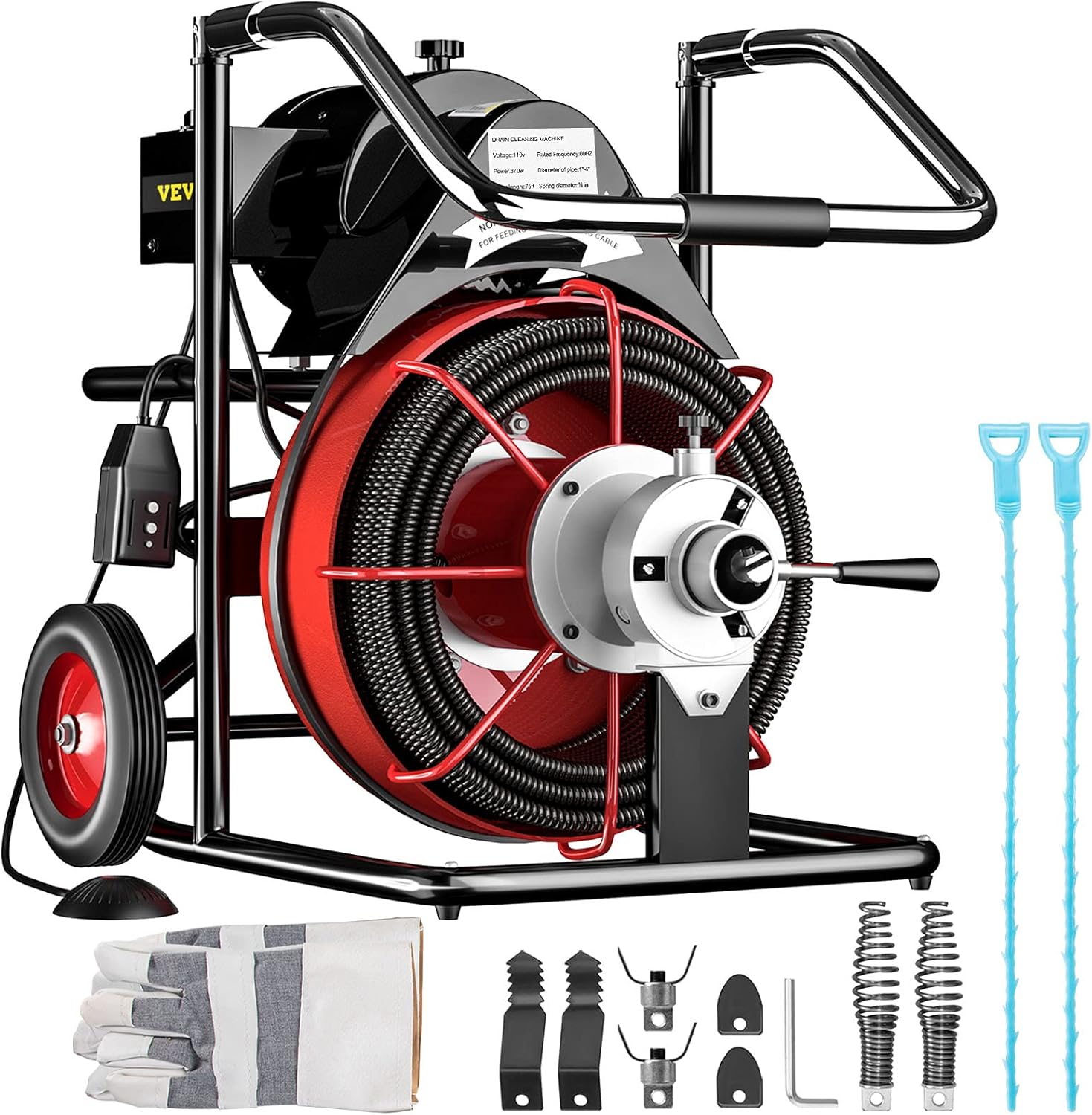 VEVOR 75 Ft x 3/8 Inch Cleaner 370W Open Drain Cleaning Machine for 1 to 4 inch Pipe, Red