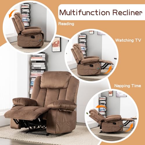 Rocker Recliner Chairs for Adults with Massage & Heat,360°Swivel Glider Nursery Manual Overstuffed Reclining Chair for Living Room,Upholstered Fabric 120°Rocking Chair Bedroom RV Brown