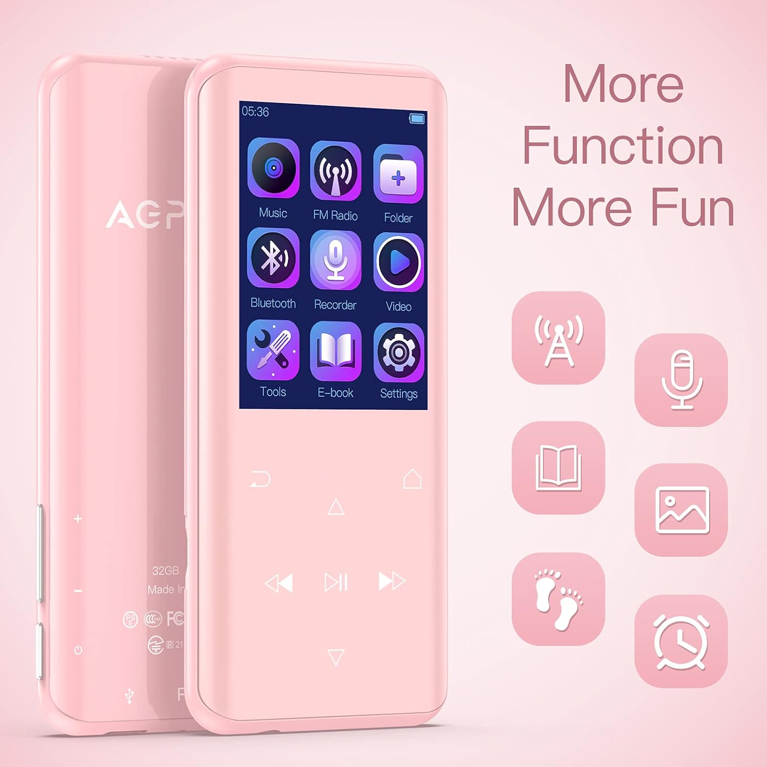 32GB MP3 Player with Bluetooth 5.0, AGPTEK A17X 2.4" Curved Screen Music Player with Speaker Lossless Sound with FM Radio, Voice Recorder, Supports up to 128GB Pink Pack of 2
