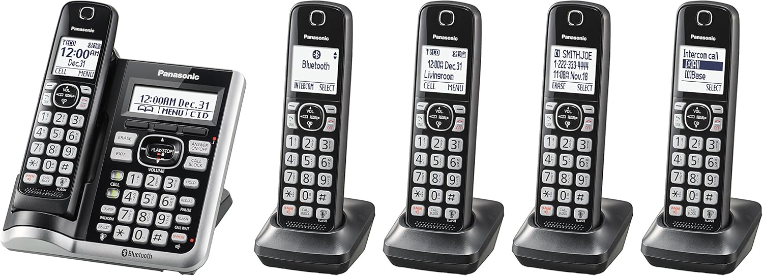 Panasonic Link2Cell Bluetooth Cordless Phone System with Voice Assistant, Call Block and Answering Machine, Expandable Home Phone with 5 Handsets – KX-TGF575S (Black with Silver Trim)
