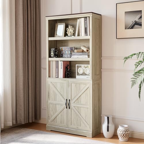 LINSY HOME Bookcases with Doors, Farmhouse Storage Cabinet 69 in Tall 5-Shelf Bookcase, Floor Standing Display Bookshelves with Adjustable Shelves for Living Room, Bedroom, Kitchen, Black