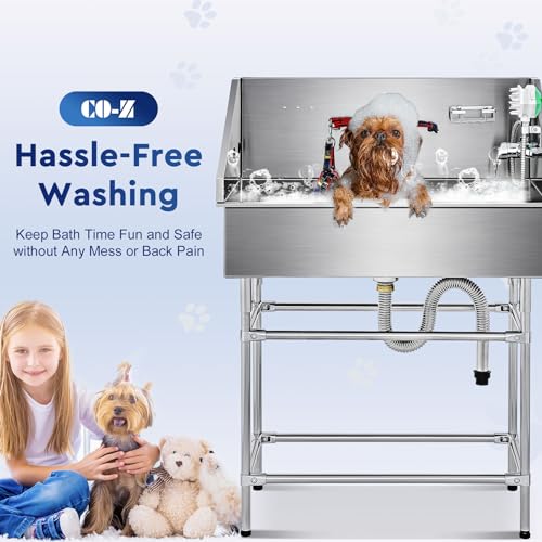 CO-Z 50” Dog Bathing Station for Large Dogs, Professional Dog Grooming Tub Pet Dog Washing Station for Home, Large Dog Bathtub with 304 Stainless Steel Tank, Removable Floor Grate, Steps, Faucet