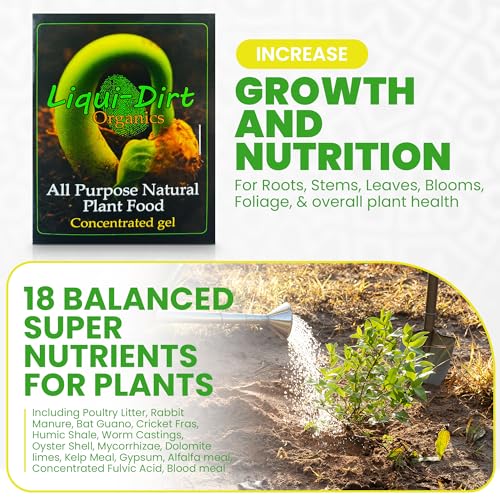 Natural Plant Food Fertilizer All-Purpose NPK Plant Care. 18 Balanced & Blended Vitamins & Minerals with Micro-Fungi and Bio-Organisms to boost your plants growth by Liqui-Dirt. Yields 600 Gallons