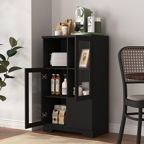 LUMISOL Wooden Floor Storage Cabinet with 2 Glass Doors and 2 Storage Space, Storage Sideboard Cabinet for Living Room Bathroom Entryway, Blue