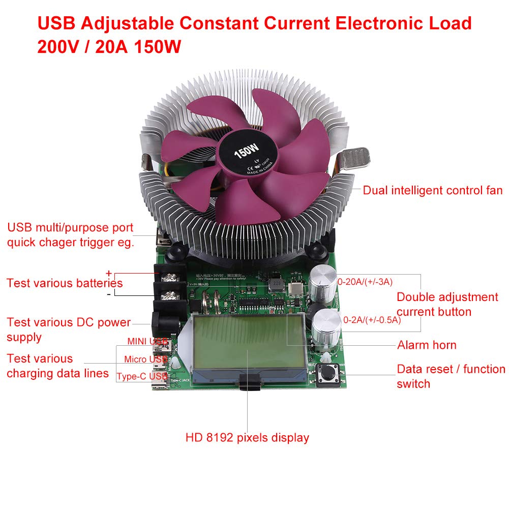 USB Adjustable Battery Capacity, 150W 200V 20A USB Adjustable Constant Current Electronic Load Battery Capacity Tester Module Power Meter