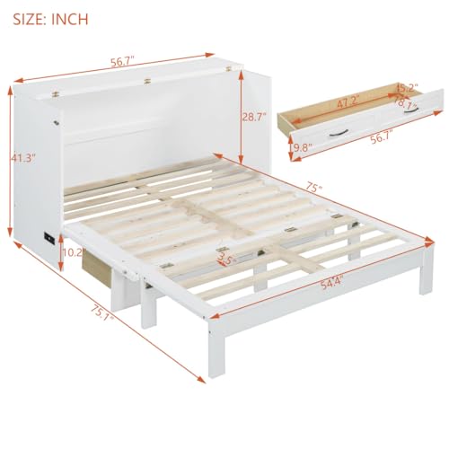 Full Size Murphy Bed Cabinet, Solid Wood Murphy Bed with Charging Station and Large Storage Drawer, Wall Mounted Foldable Platform Bed, Space Saving for Guest Room, Office, Gray