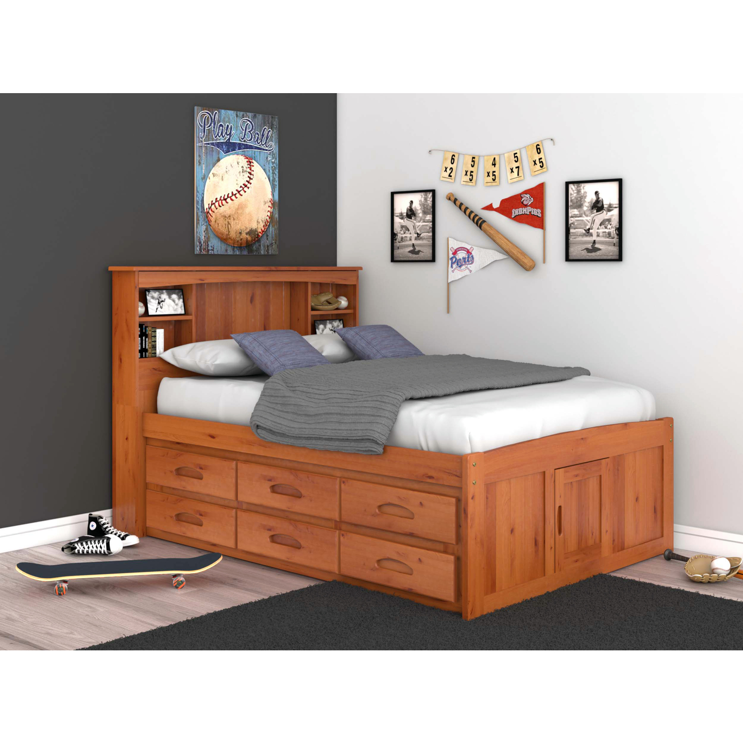 American Furniture Classics OS Home and Office Furniture Model 82121K12-22 Solid Pine Full Captains Bookcase Bed with 12 drawers in Warm Honey