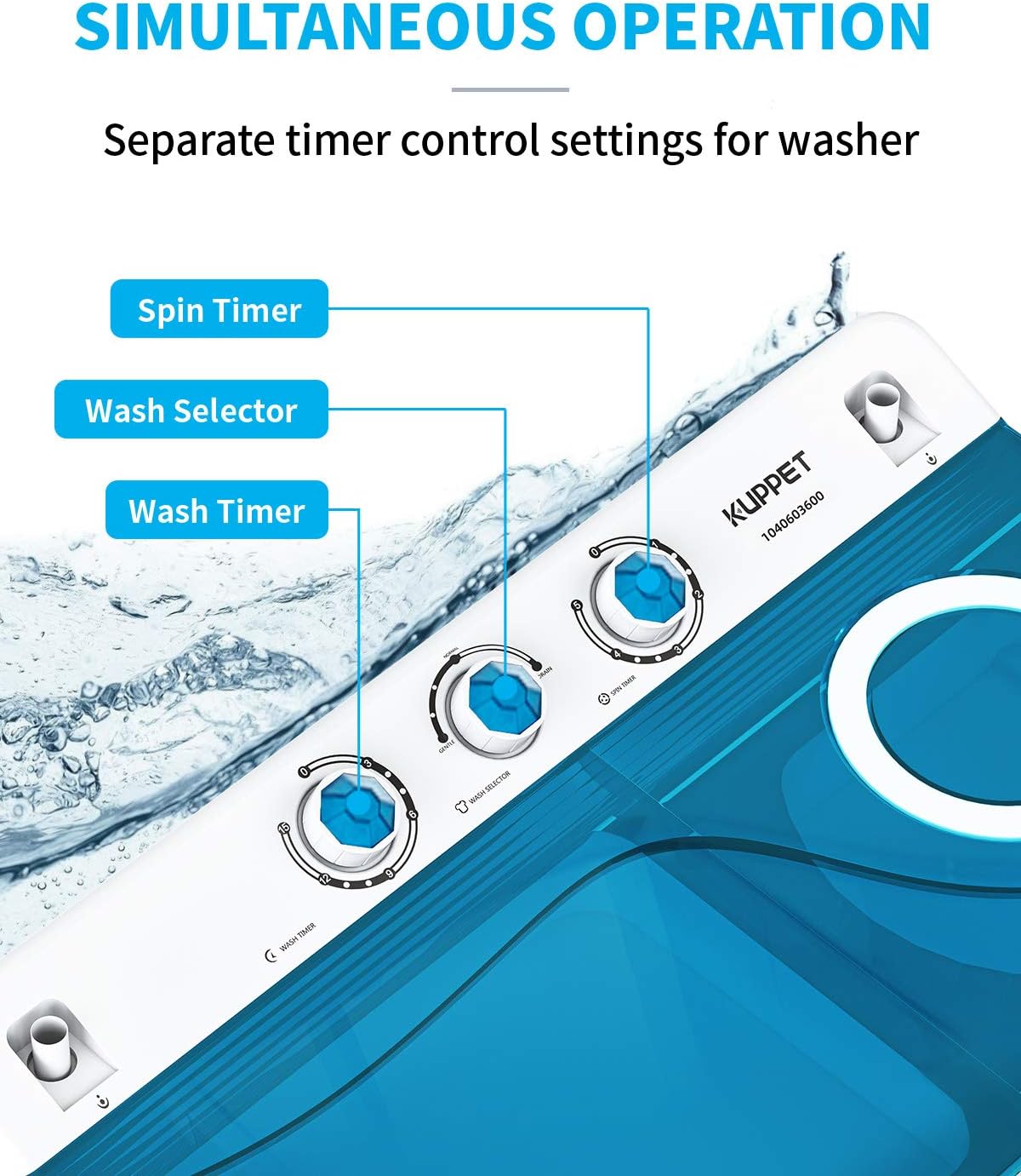KUPPET Compact Twin Tub Portable Mini Washing Machine 26lbs Capacity, Washer(18lbs)&Spiner(8lbs)/Built-in Drain Pump/Semi-Automatic (White&Blue)