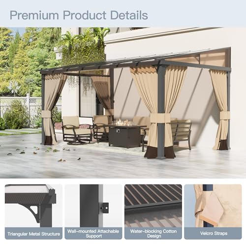 10' x 28' Gazebo,Outdoor Pergola Large Wall-Mounted hardtop Lean to Gazebo with Sloped Roof and Double Curtains & Netting,Awnings for Patio,Backyard,Deck,Garden,Navy